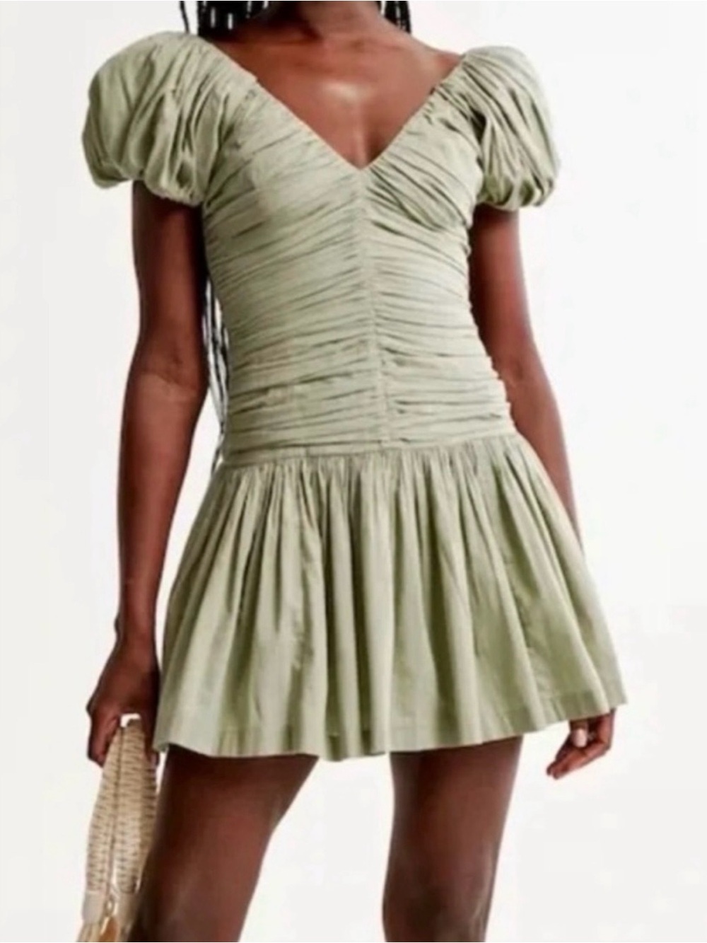 Abercrombie & Fitch Sage Green Ruched Puff-Sleeve Mini Dress